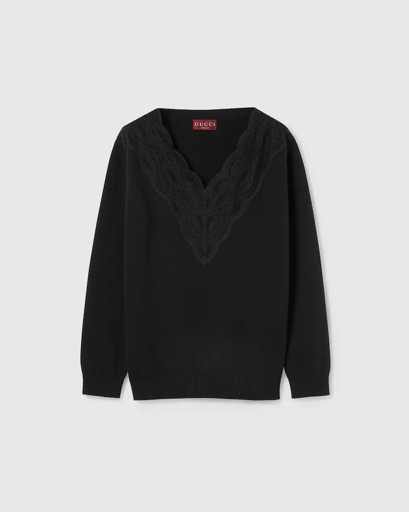 Gucci Pullover aus Wolle Und Kaschmir Mit Spitze, Größe Schwarz