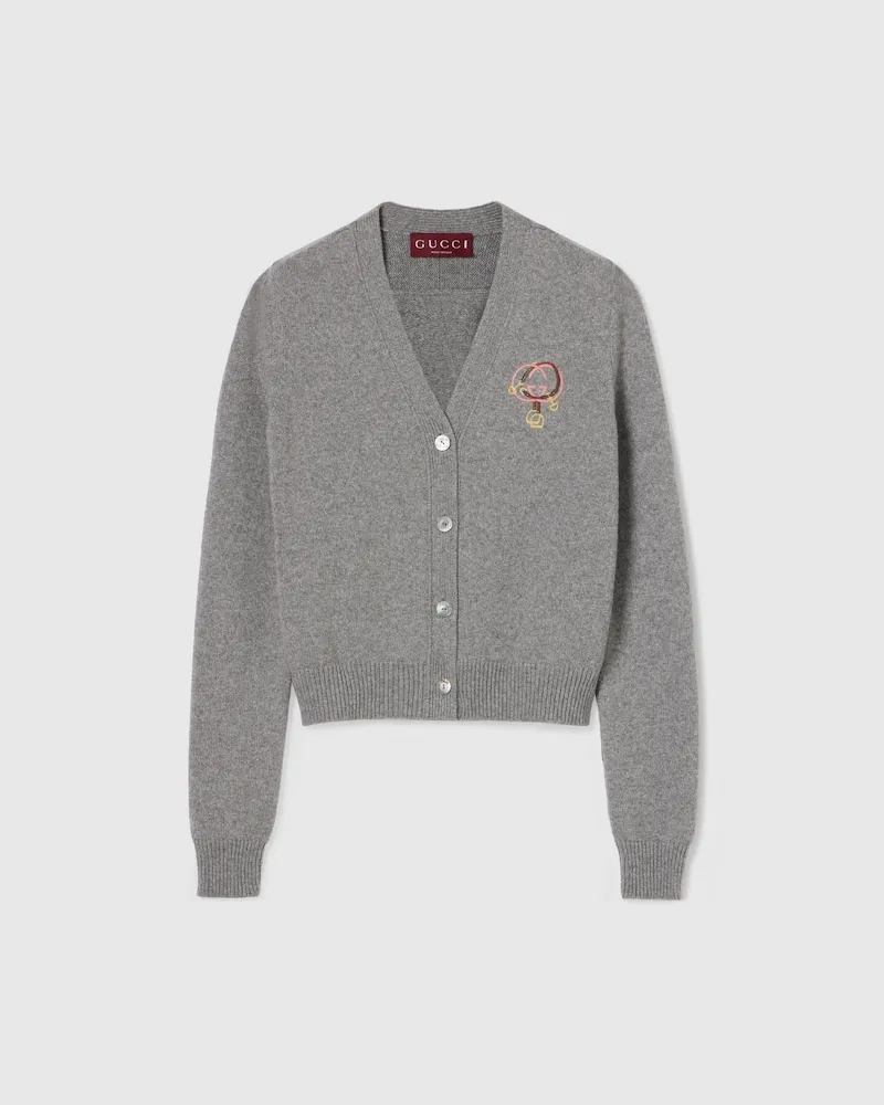 Gucci Cardigan aus Wolle Und Kaschmir Mit Stickerei, Größe Grau