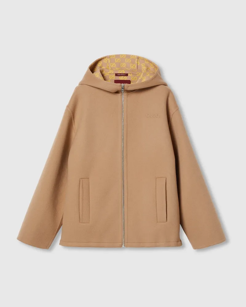Gucci Jacke aus Wolle Und Seide Mit Stickerei Und Kapuze, Größe Beige