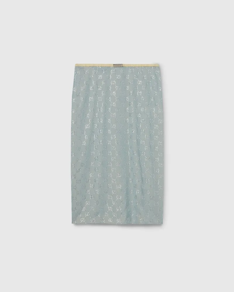 Gucci Rock aus Stretch-Seidenchiffon Mit Kristallen, Größe Blau