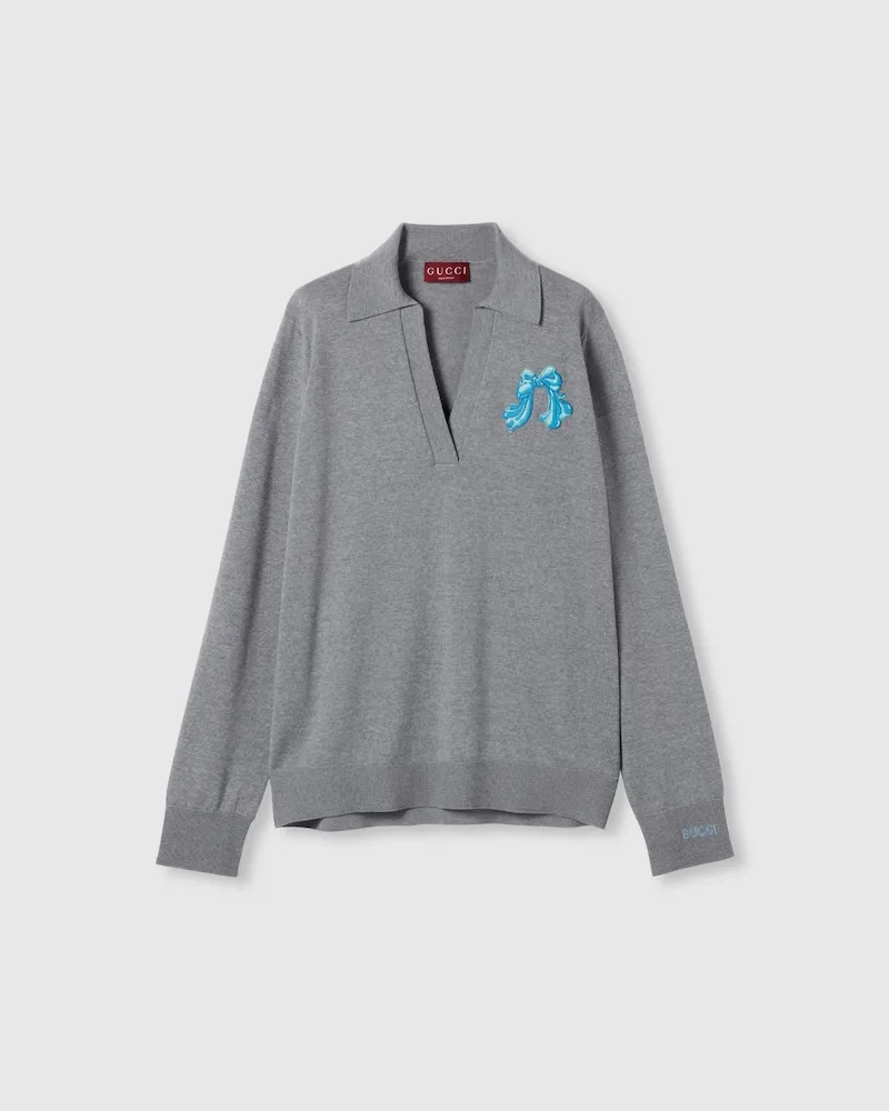 Gucci Poloshirt aus Extrafeiner Wolle Mit Patch, Größe Grau