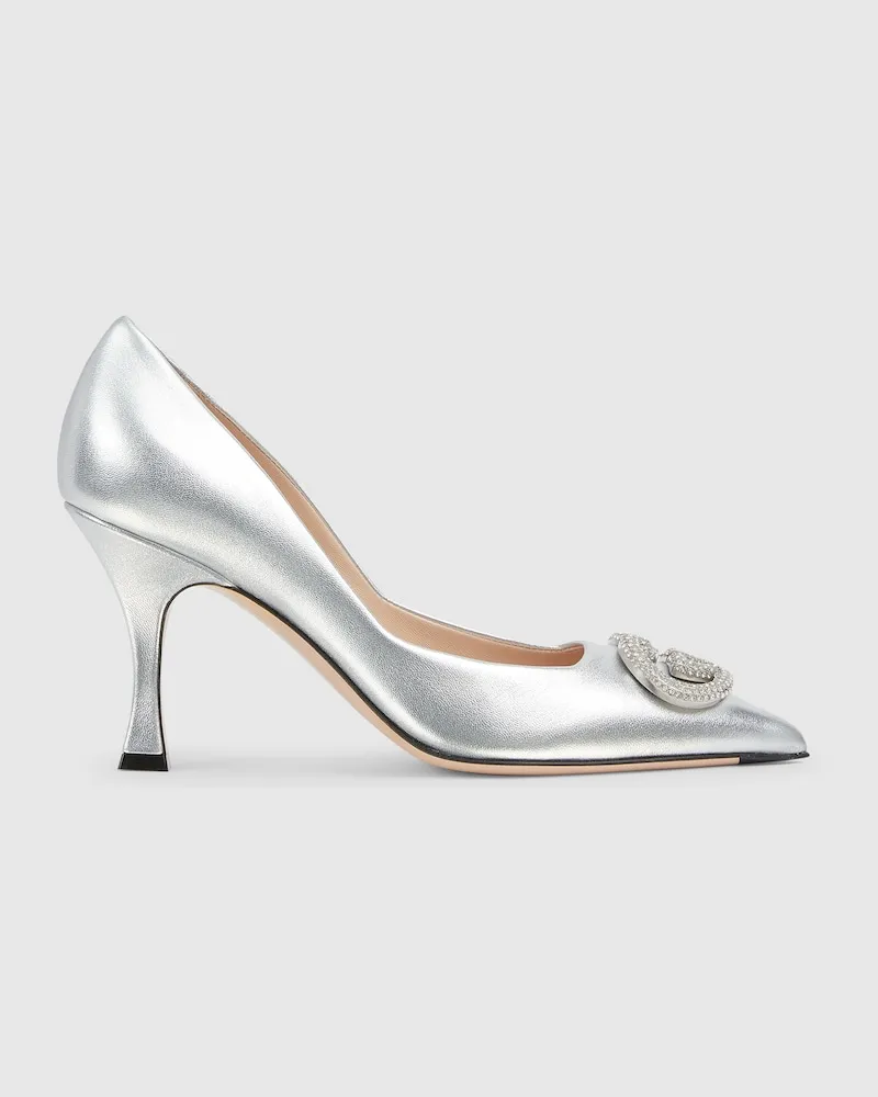 Gucci Damenpumps Mit Kristallbesetztem GG, Größe Silver