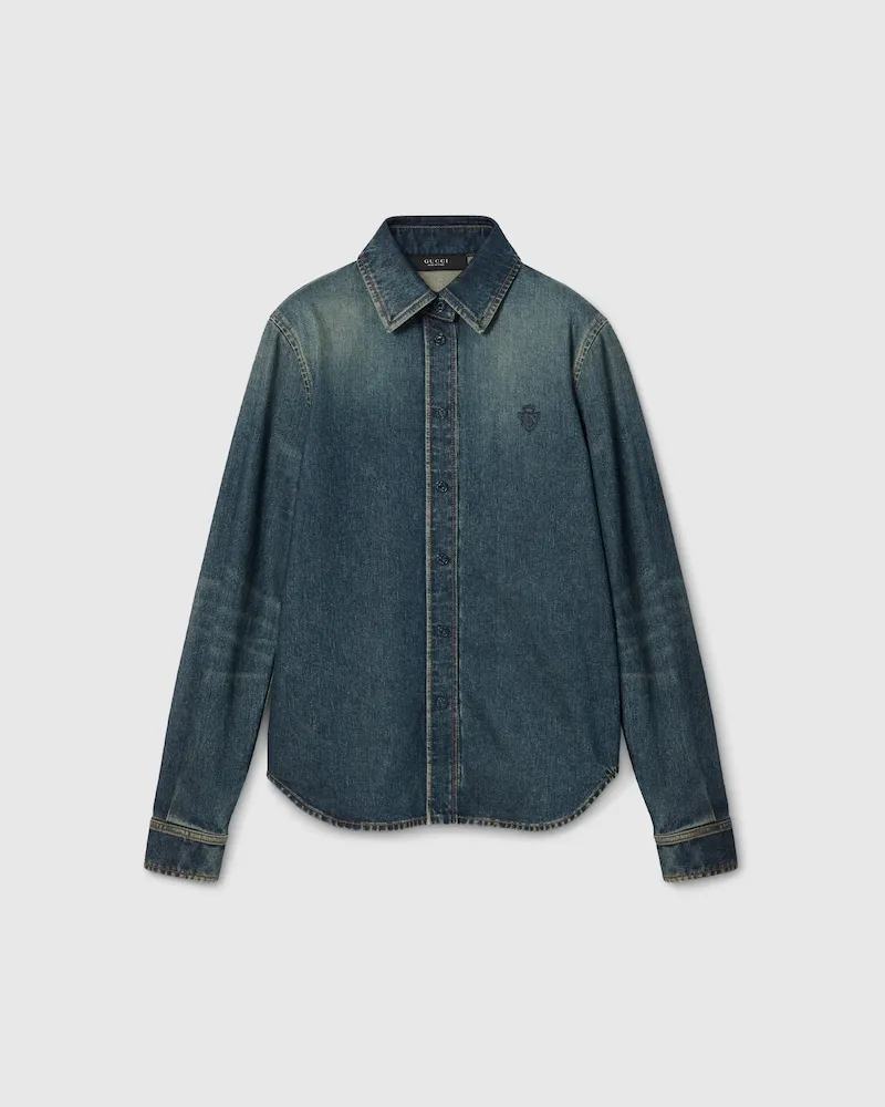 Gucci Hemdbluse aus Baumwolldenim Mit Stickerei, Größe Blau