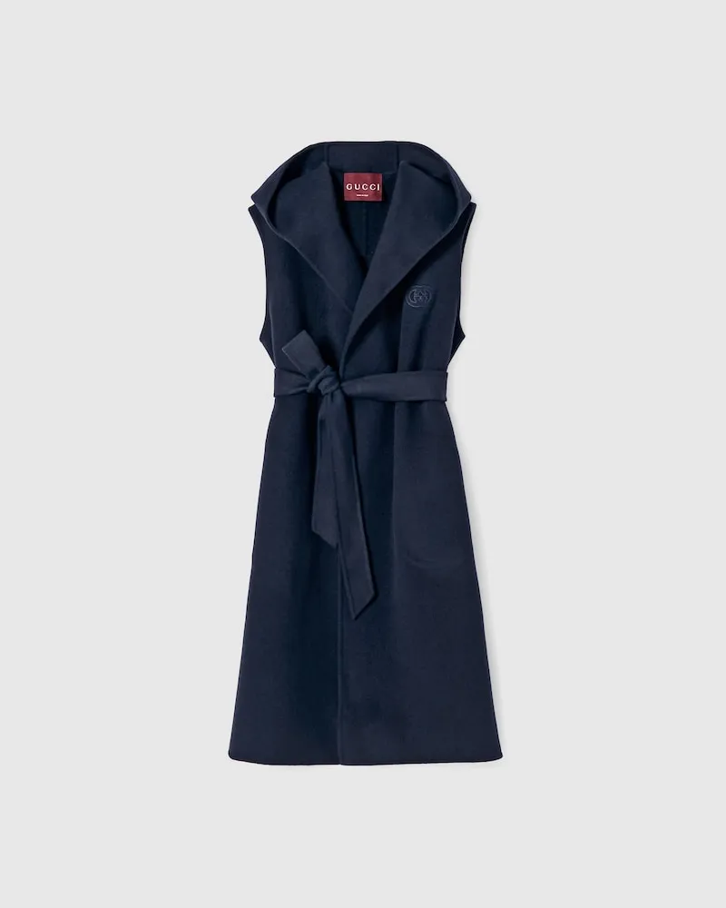 Gucci Ärmelloser Mantel aus Wolle Mit Stickerei, Größe Blau