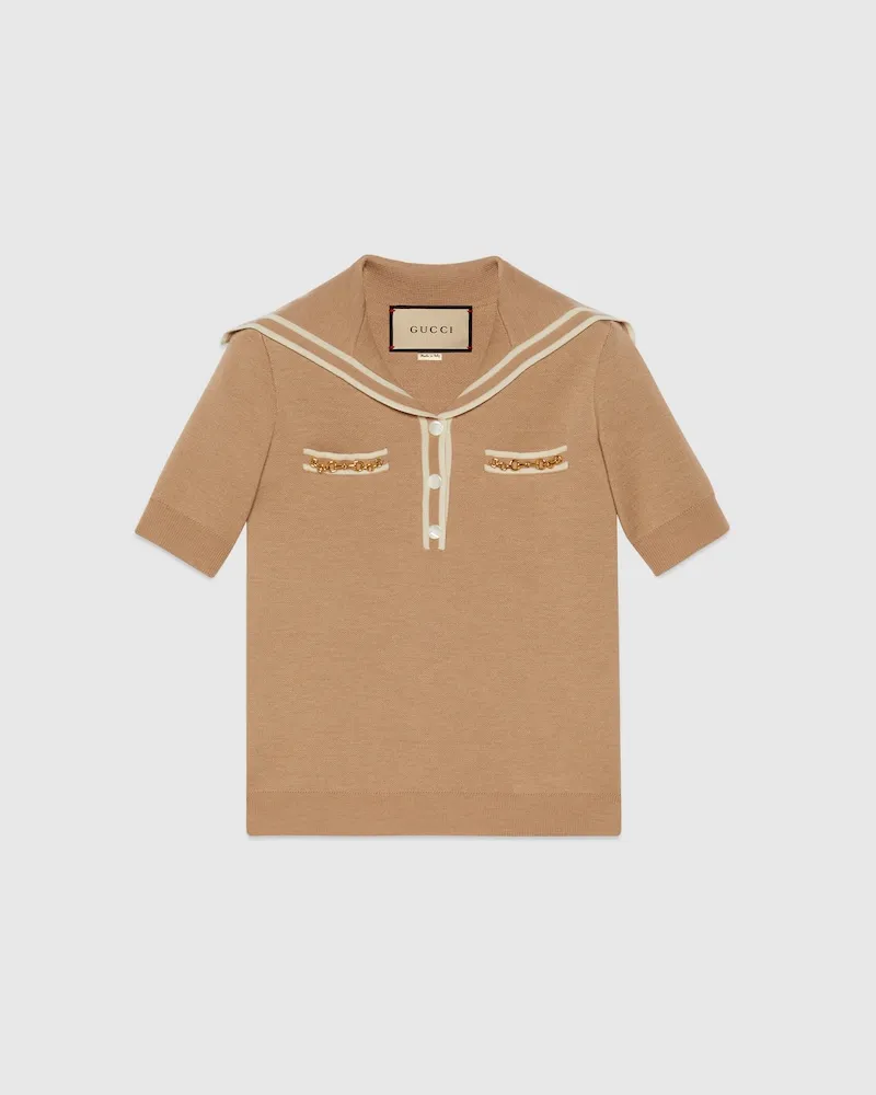 Gucci Poloshirt aus Wolle Mit Horsebit, Größe Braun