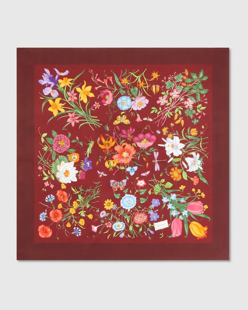 Gucci Vierecktuch aus Seidentwill Mit Flora-Print Bordeauxrot