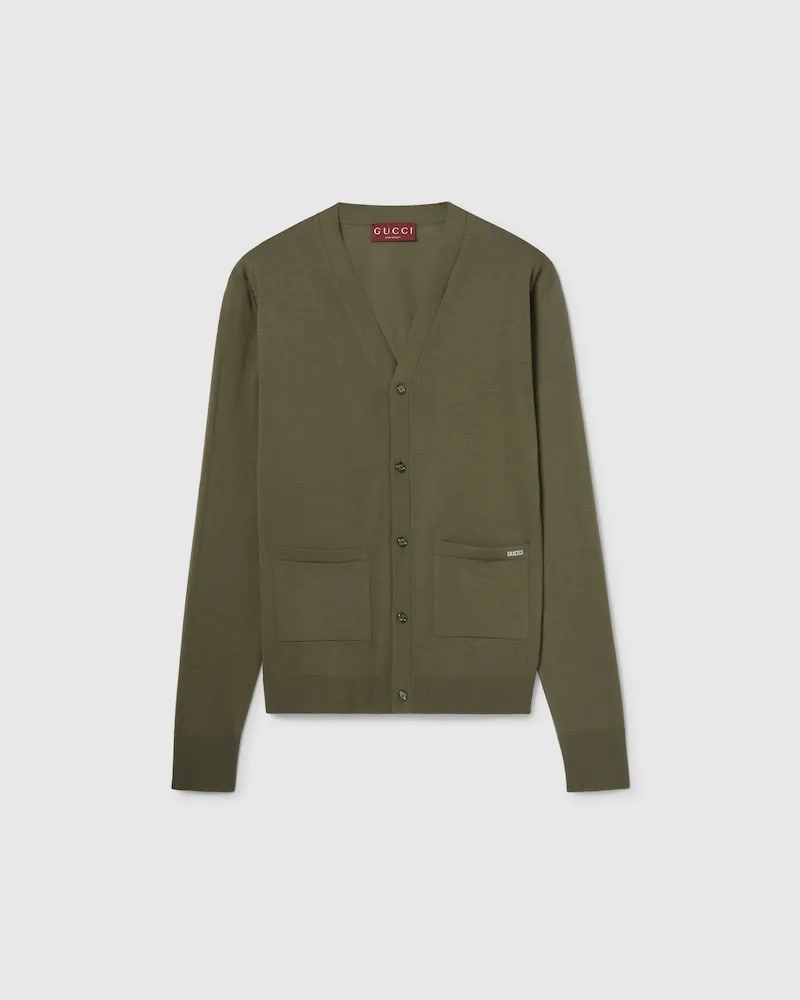 Gucci Cardigan aus Feinem Wollstrick Mit Intarsie, Größe Grün