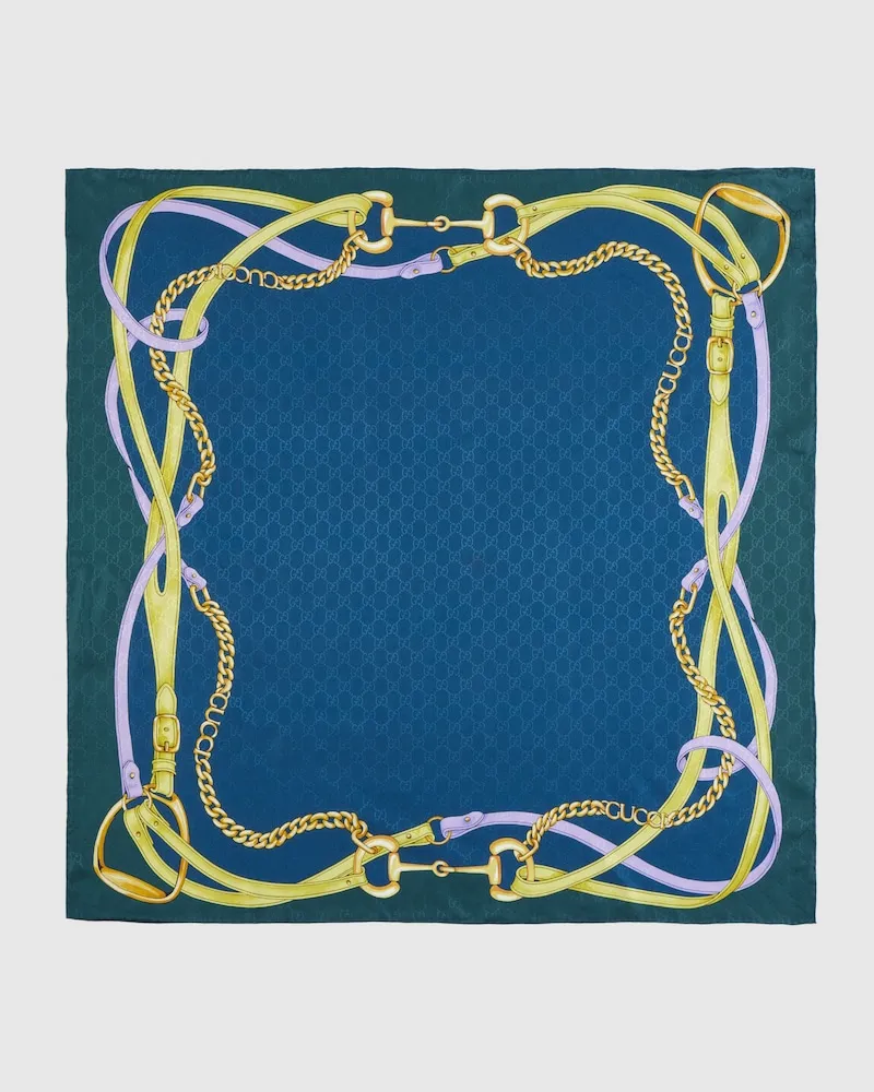 Gucci Vierecktuch aus GG Seidenjacquard mit Print Blau