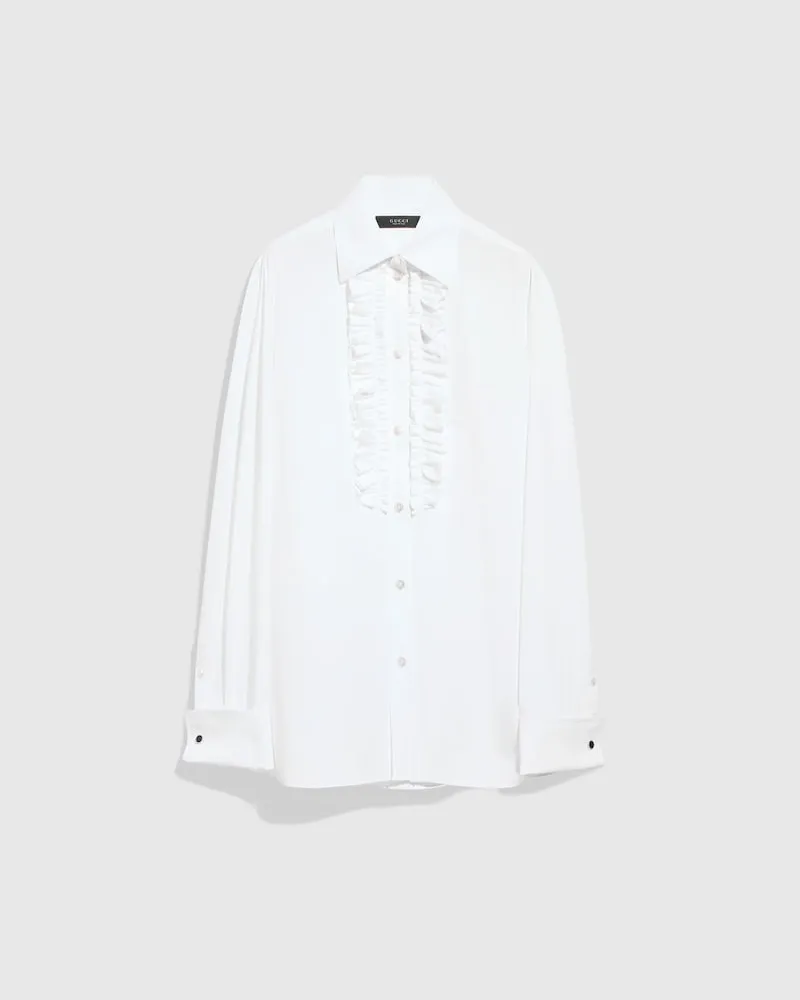 Gucci Bluse aus Baumwollpopeline mit Rüschen, Größe Weiß
