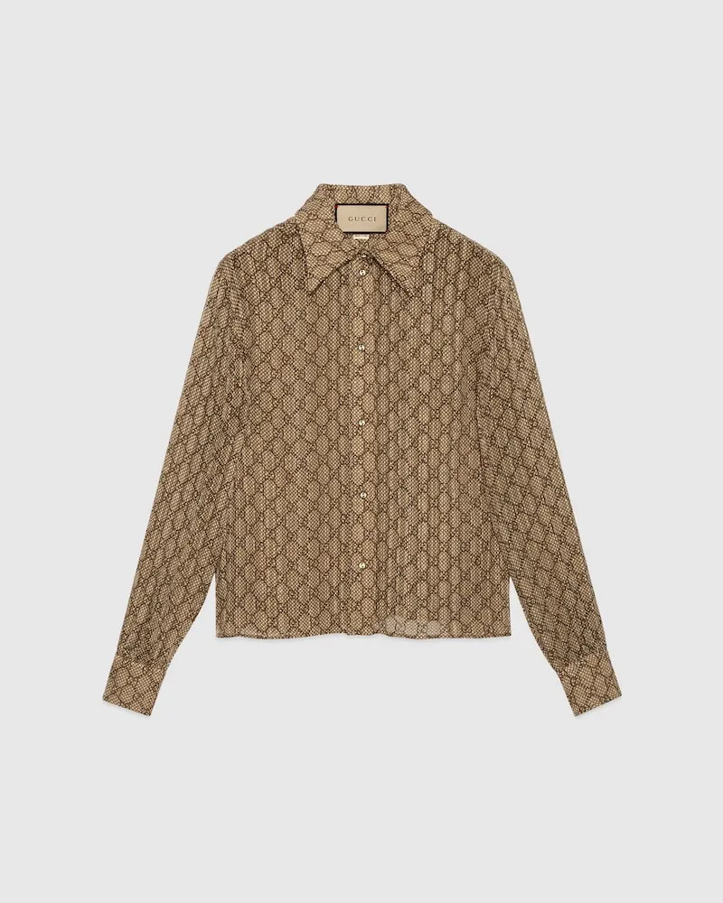 Gucci Bluse aus Seide Mit GG Schachbrettmuster-Print, Größe Beige