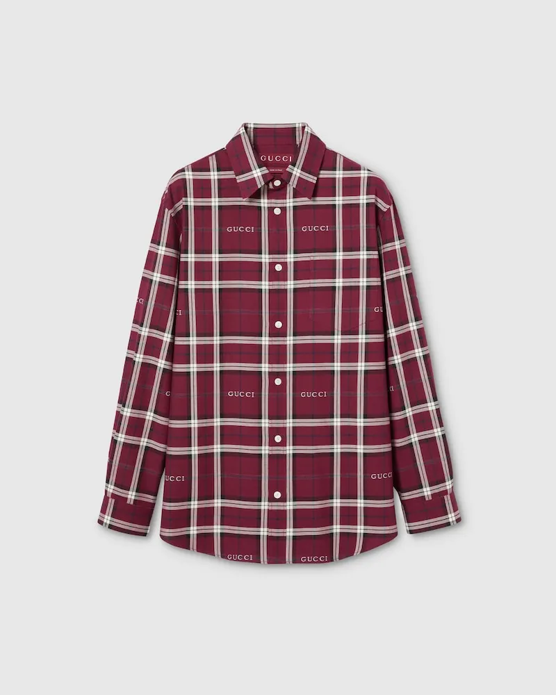 Gucci Hemd aus Baumwolljacquard Mit Schottenkaro, Größe Bordeauxrot