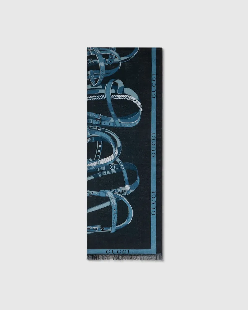 Gucci Stola aus Wolle Und Seide mit Print Blau