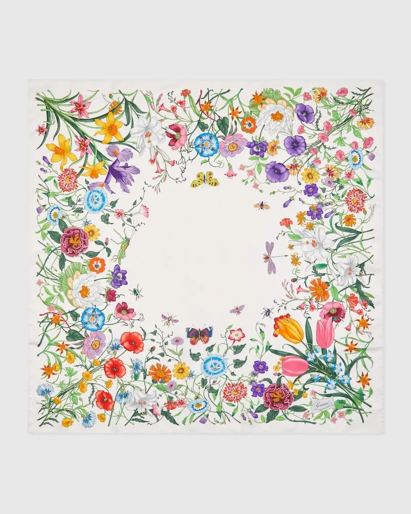 Gucci Vierecktuch aus Seidentwill Mit Flora-Print Weiß