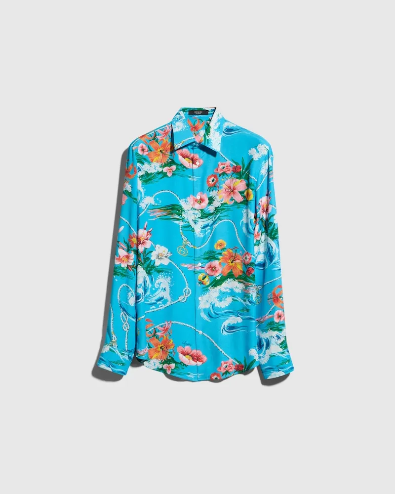 Gucci Hemd aus Fließendem Stoff mit Print, Größe Blau