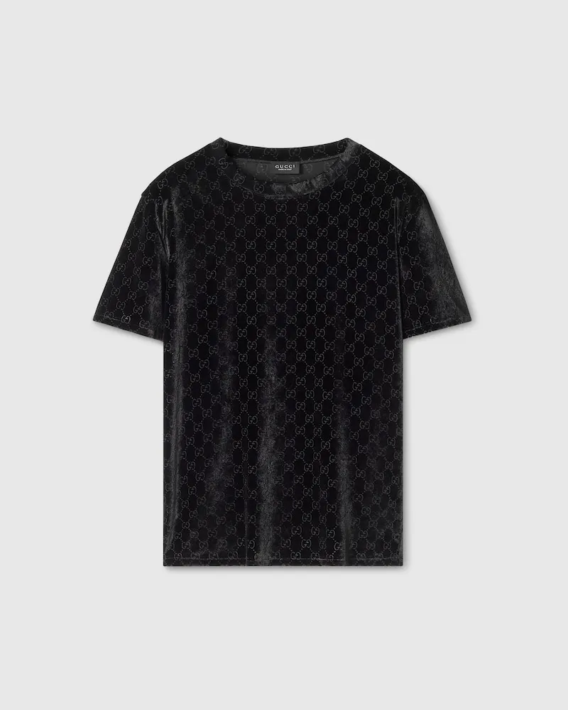 Gucci T-Shirt aus GG Stretch-Dévoré-Samt, Größe Schwarz
