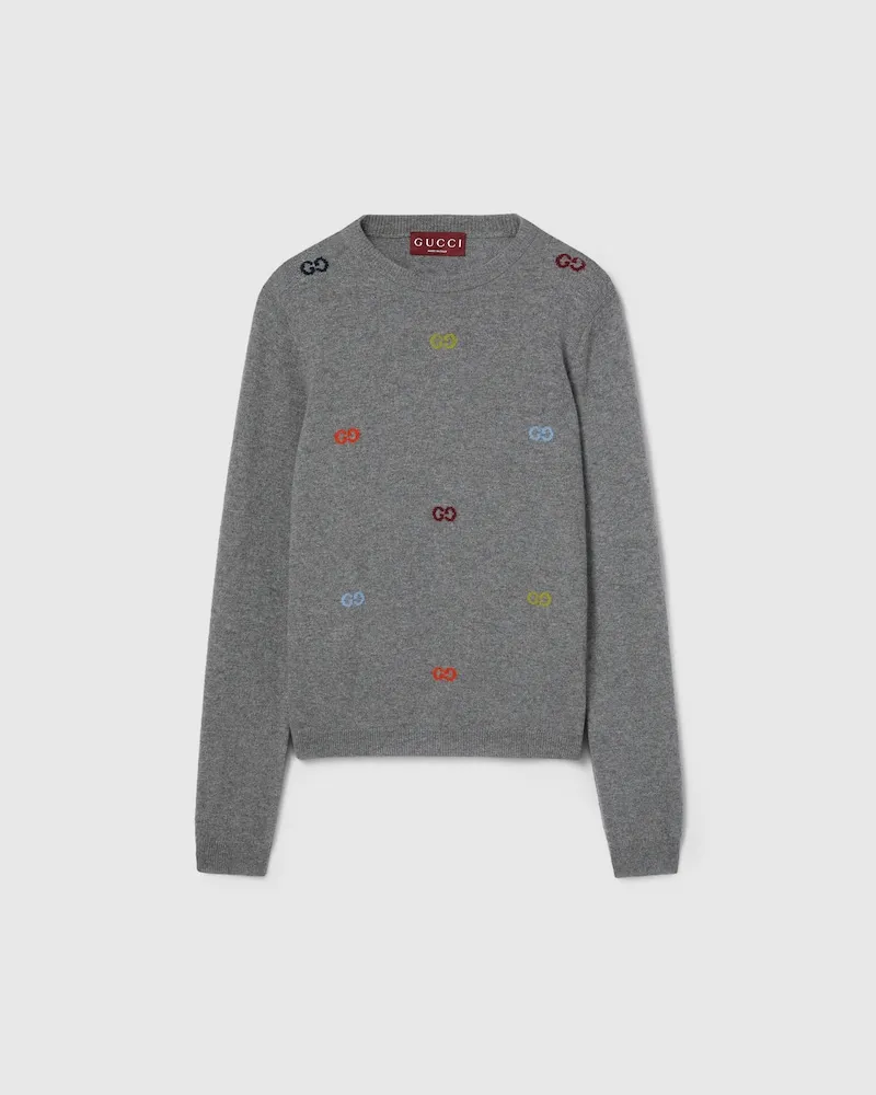 Gucci Pullover aus Feinem Kaschmir Mit Intarsie, Größe Grau