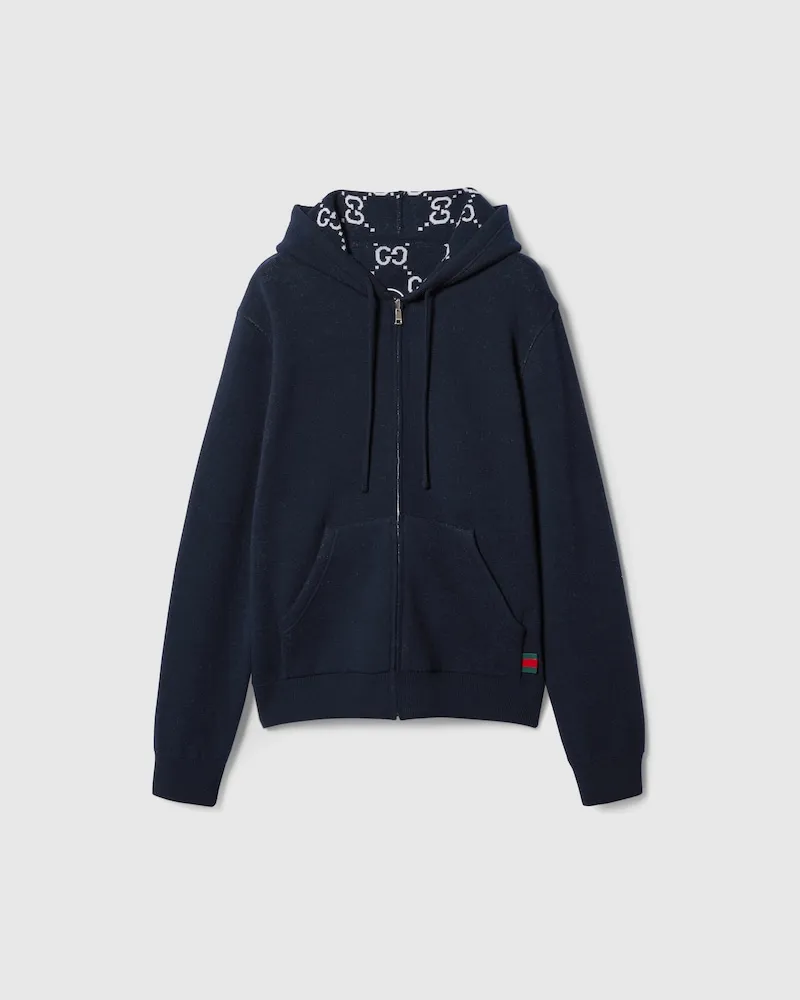 Gucci Wendbare Kapuzenjacke aus GG Wolle Mit Reißverschluss, Größe Blau