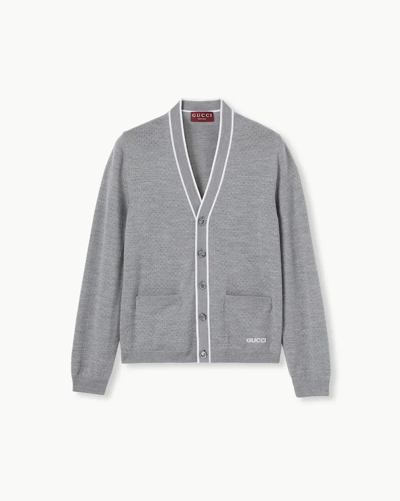 Gucci Cardigan aus Feinem Wollstrick Mit Intarsie, Größe Grau