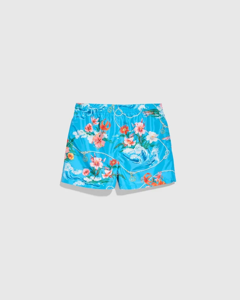 Gucci Badeshorts aus Nylon mit Print, Größe Blau