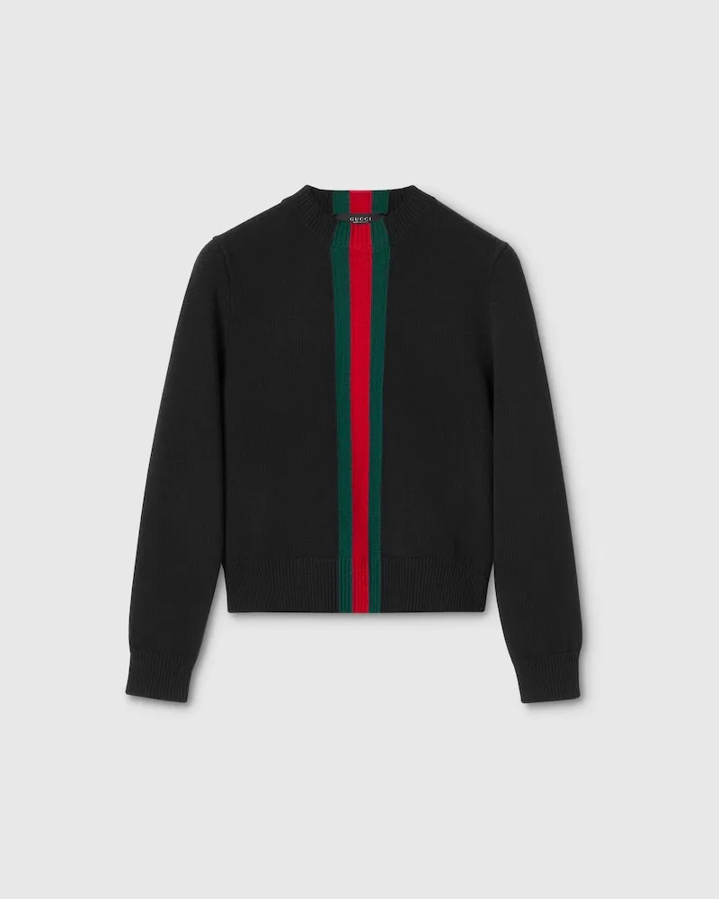 Gucci Pullover aus Feinem Wollstrick Mit Web, Größe Schwarz