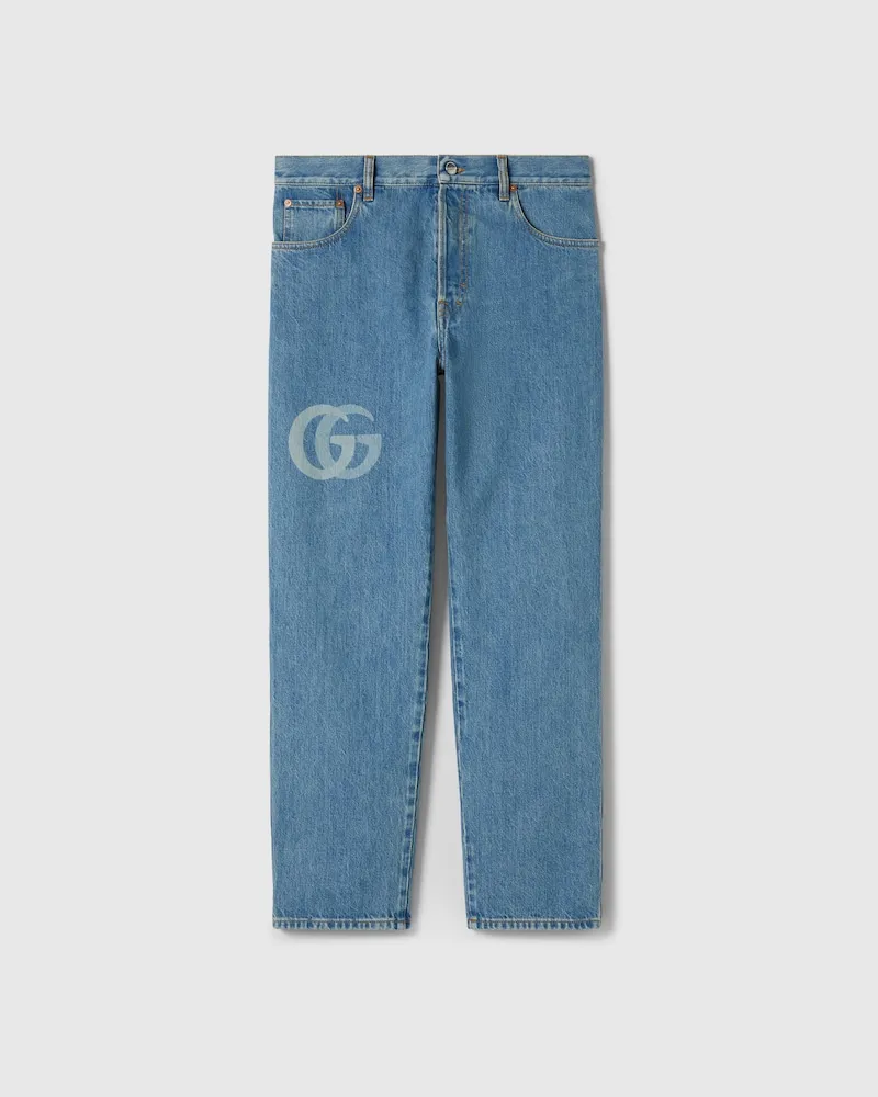 Gucci Hose aus Denim Mit Gelasertem Doppel G, Größe Blau