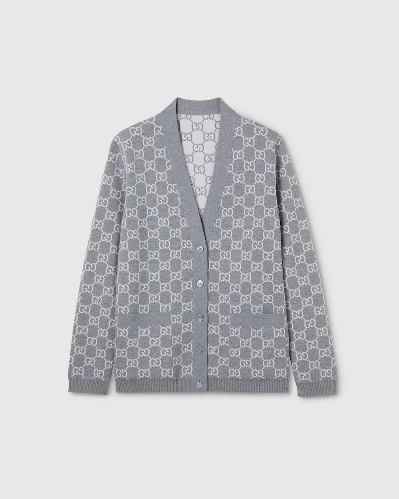 Gucci Wendbarer Cardigan aus Feinem GG Wolljacquard, Größe Silver