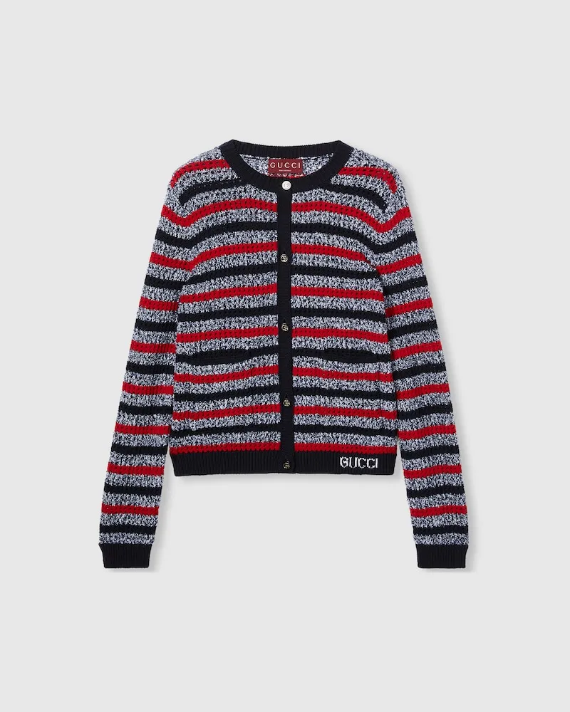 Gucci Cardigan aus Gestreifter Baumwolle Mit Intarsie, Größe Blau