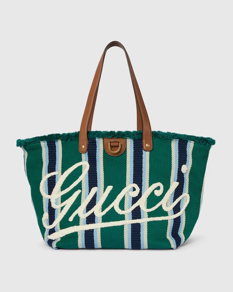 Gucci Mittelgroßer Shopper Aus Canvas Mit Stickerei GrüN