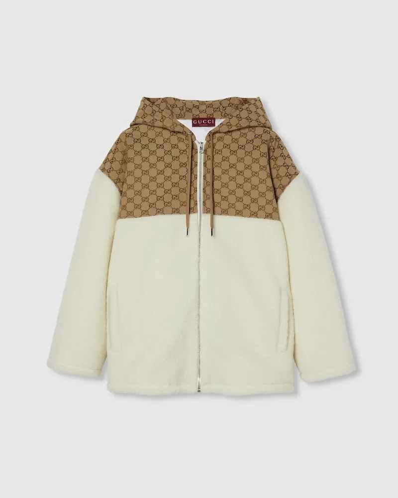 Gucci Reißverschlussjacke aus Wollfleece Mit GG Intarsien, Größe Weiß