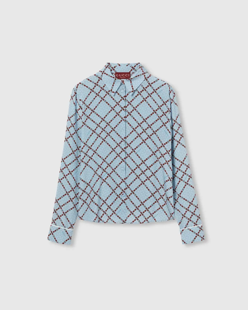Gucci Bluse aus Crêpe De Chine Mit Print, Größe Blau