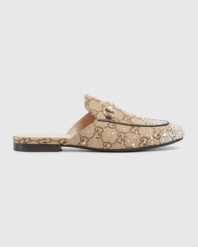 Gucci Princetown Damenslipper Mit Kristallbesetztem Horsebit, Größe Beige