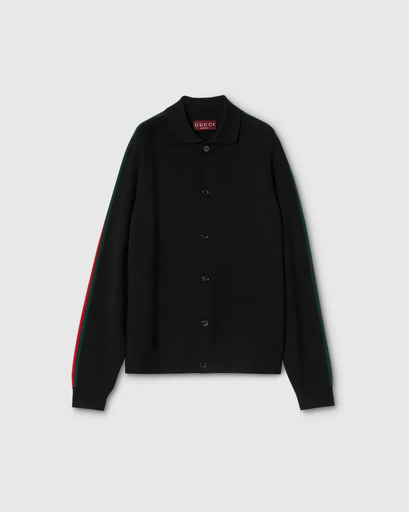 Gucci Cardigan En Laine Tricotée Et Soie Avec Bande Web, Taille Noir