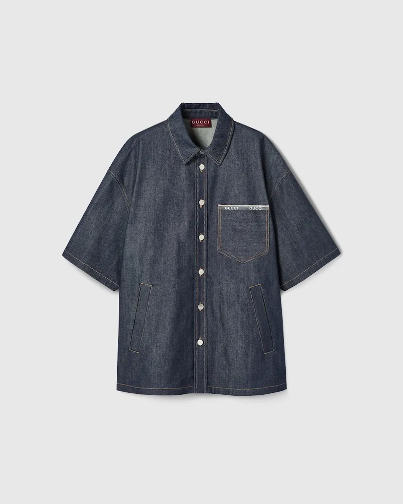 Gucci Hemd aus Selvedge-Baumwolldenim Mit Logo, Größe Blau