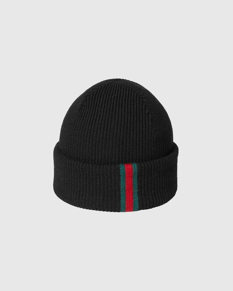 Gucci Bonnet En Laine Avec Bande Web, Taille Noir