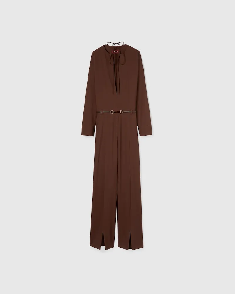 Gucci Jumpsuit aus Leichter Wolle Mit Horsebit-Gürtel, Größe Braun