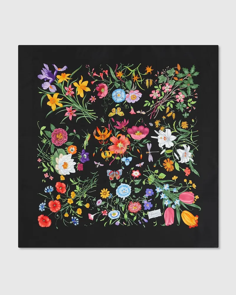 Gucci Vierecktuch aus Seidentwill Mit Flora-Print Schwarz