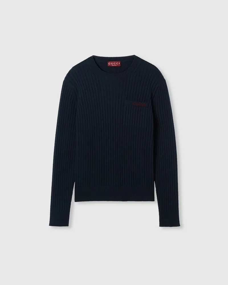 Gucci Pullover aus Geripptem Woll-Kaschmirstrick, Größe Blau