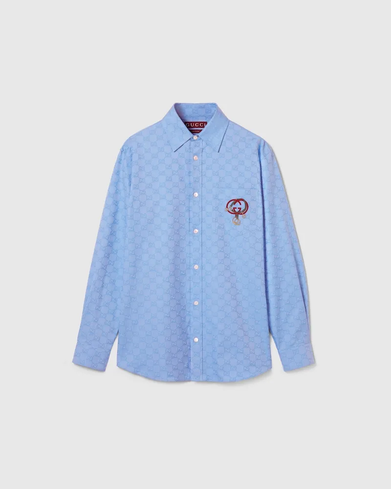 Gucci Hemd aus Oxford-Baumwolle Mit GG Und Stickerei, Größe Blau