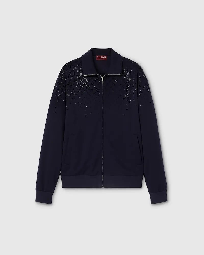 Gucci Jacke aus Technischem Jersey Mit Kristallen Und RV, Größe Blau