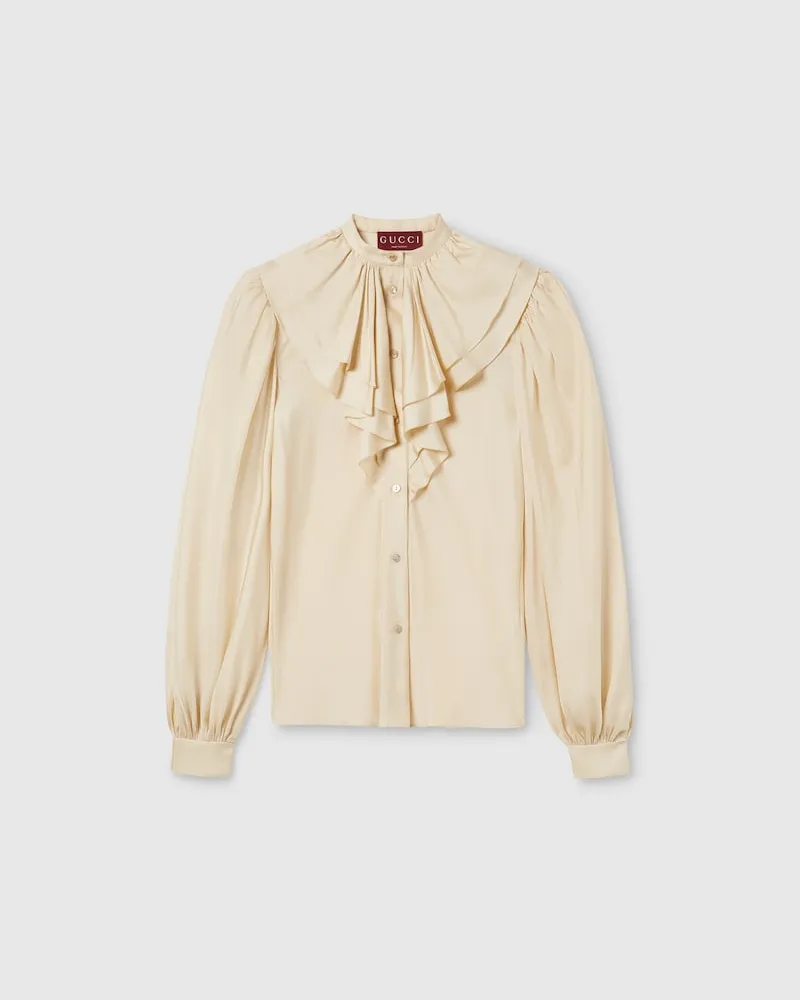 Gucci Bluse aus Seidentwill Mit Rüschenbesatz, Größe Beige