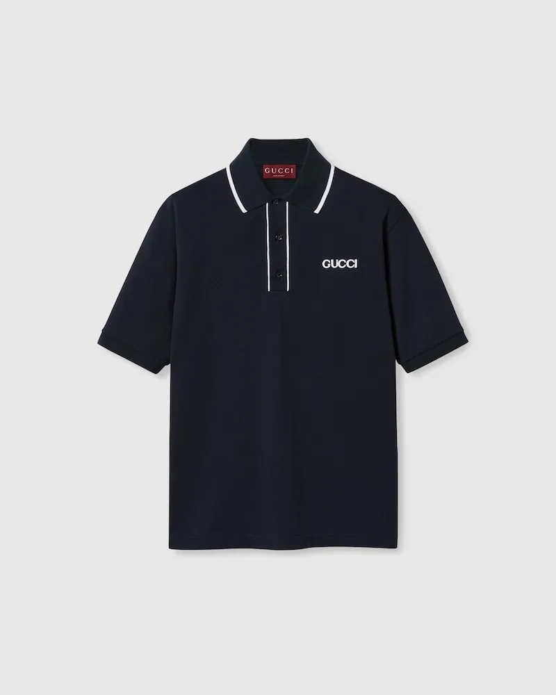 Gucci Poloshirt aus Baumwoll-Piqué Mit Stickerei, Größe Blau