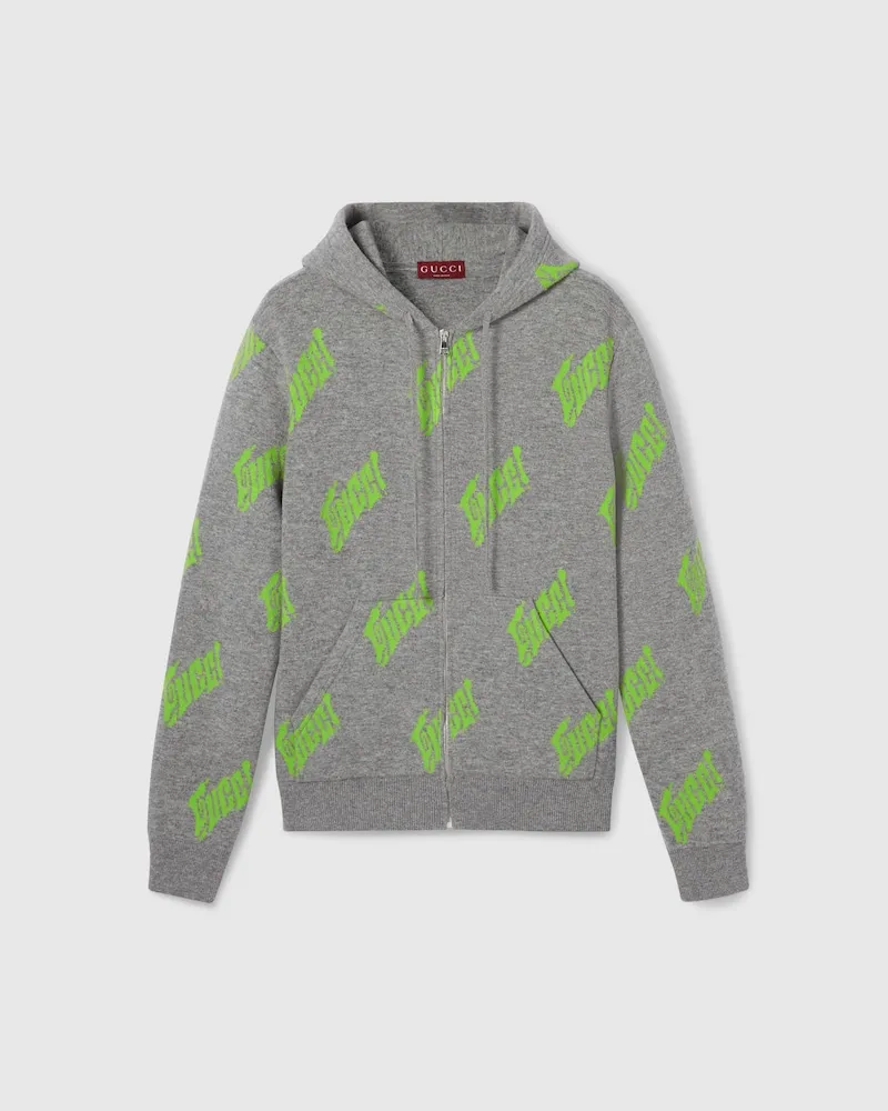 Gucci Reißverschlussjacke aus Wollstrick Mit Jacquard, Größe Grün