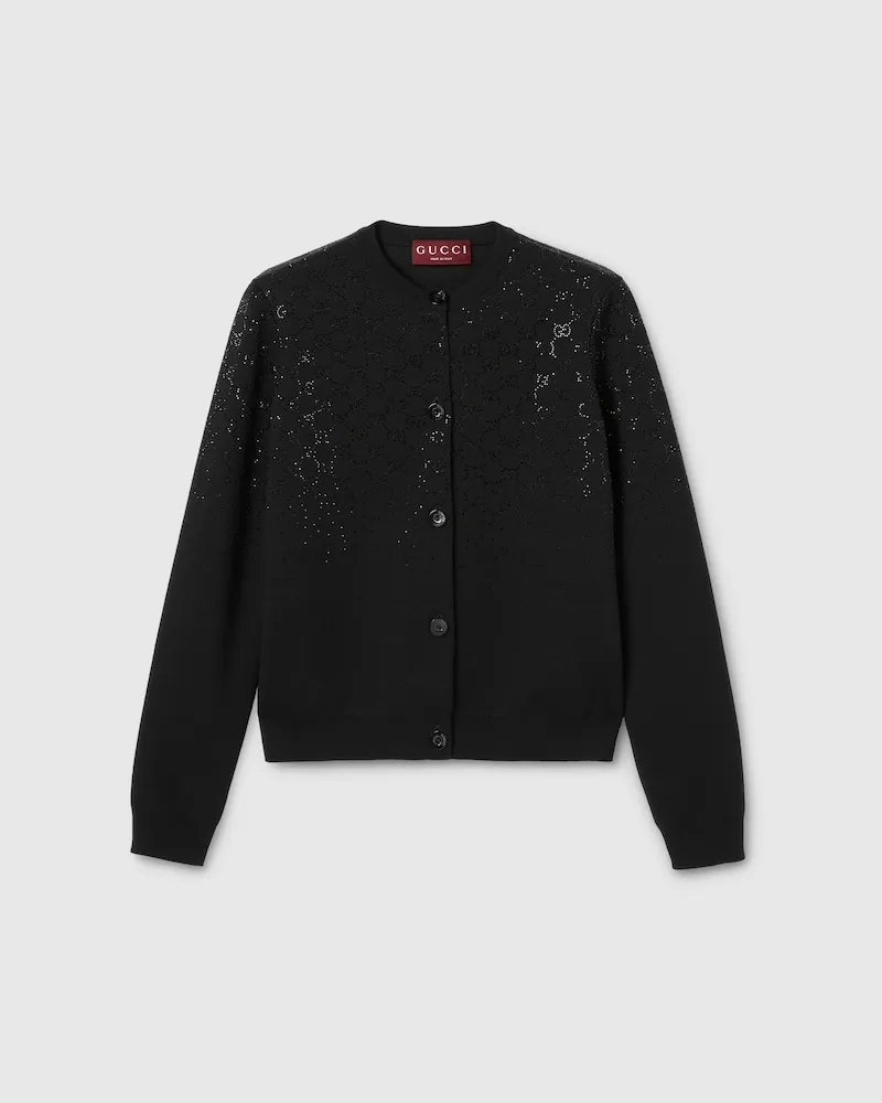 Gucci Cardigan aus Feiner Wolle Mit GG Kristallen, Größe Schwarz