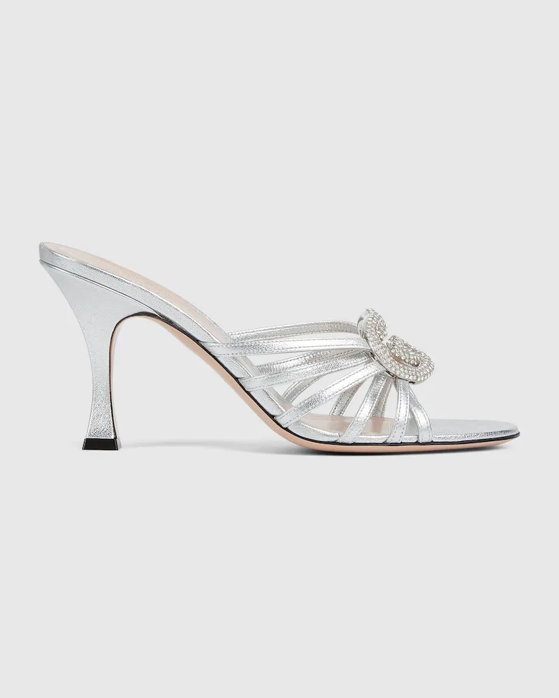 Gucci Damenpantolette Mit Kristallbesetztem GG, Größe Silver