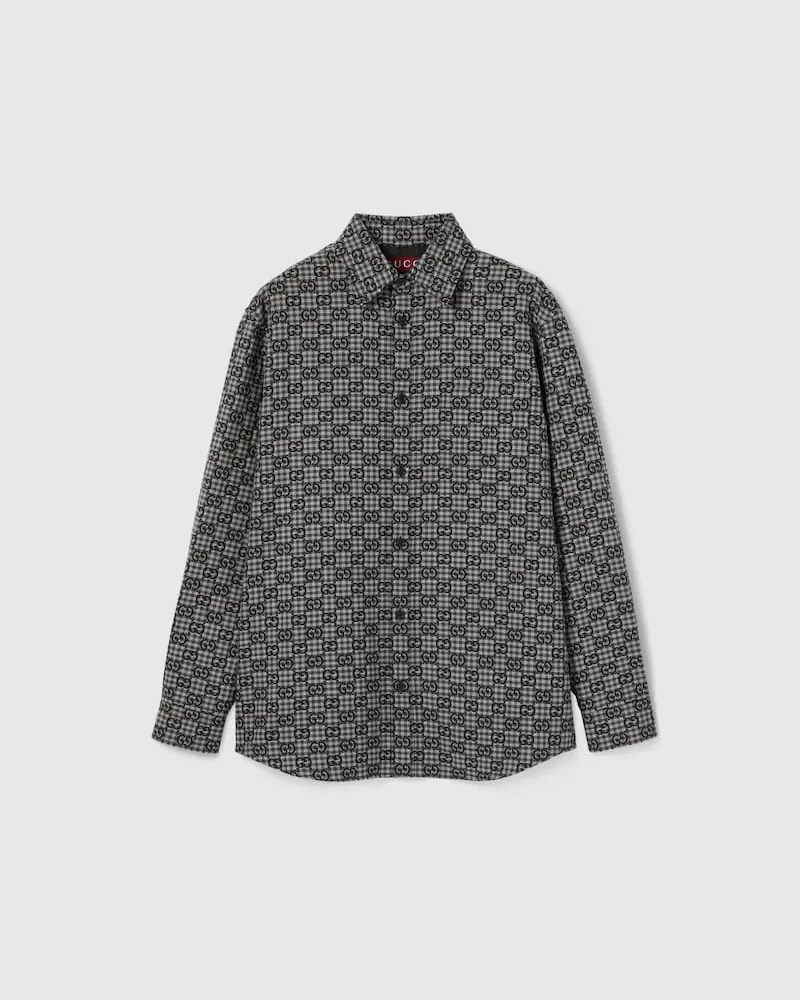 Gucci Hemd aus Baumwoll- Und Wolljacquard Mit GG Vichykaro, Größe Grau