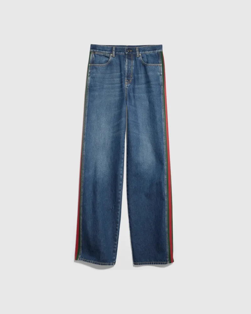 Gucci Cotton Denim Pants With Web Insert, Größe Blau