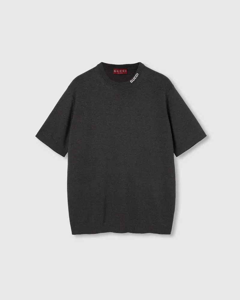 Gucci T-Shirt aus Seide Und Baumwolle Mit Intarsie, Größe Grau