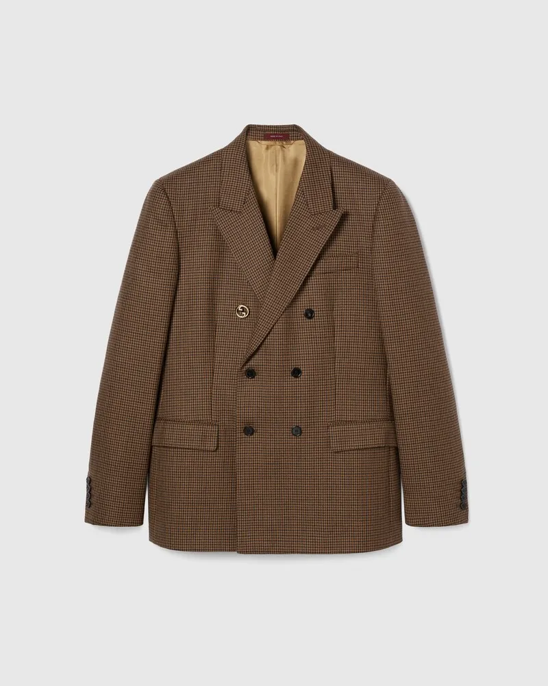 Gucci Zweireihiges Jackett aus Wolle Mit Hahnentrittmuster, Größe Braun