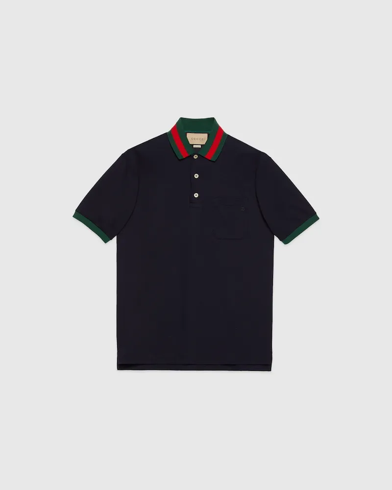 Gucci Poloshirt aus Baumwoll-Piqué Mit Web Am Kragen, Größe Blau