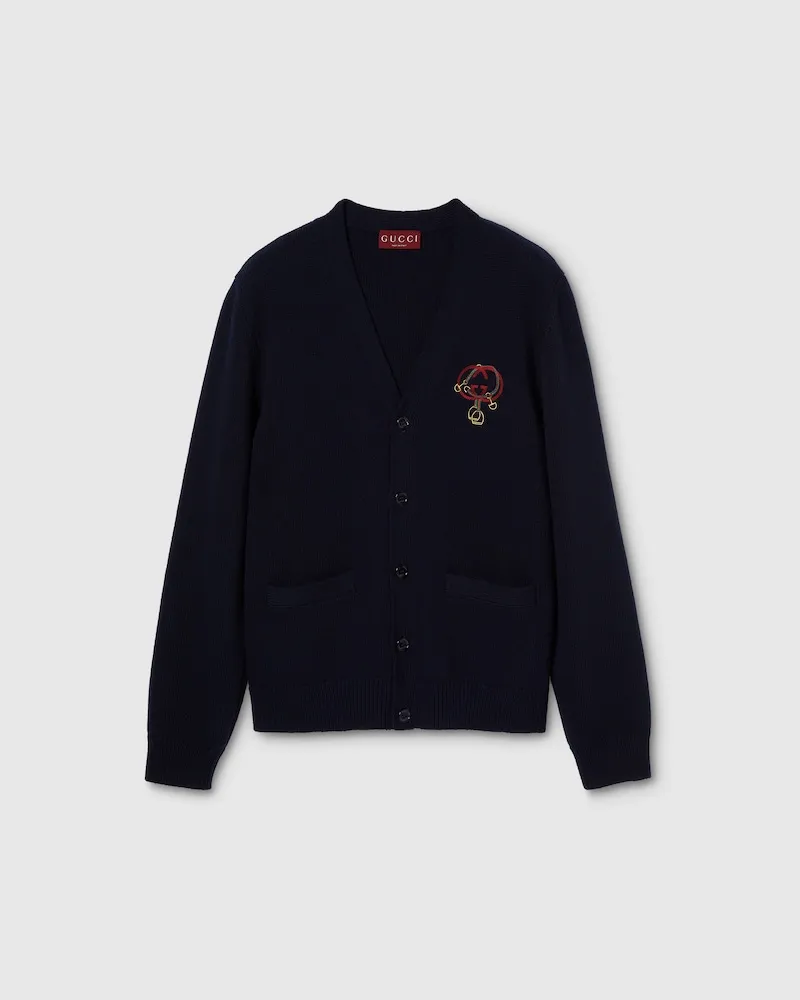 Gucci Cardigan En Maille De Laine Avec Broderie, Taille Bleu